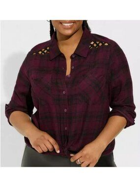 Torrid Purple Plaid Button-Up Tunic Shirt With Lace Shoulder Detail Size 3 (XL)